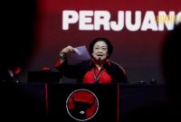 SAMBUTAN. Ketua Umum PDI Perjuangan Megawati Soekarnoputri saat berpidato di Rakernas PDIP beberapa waktu lalu. (doc.Metro TV/Linkking.id)