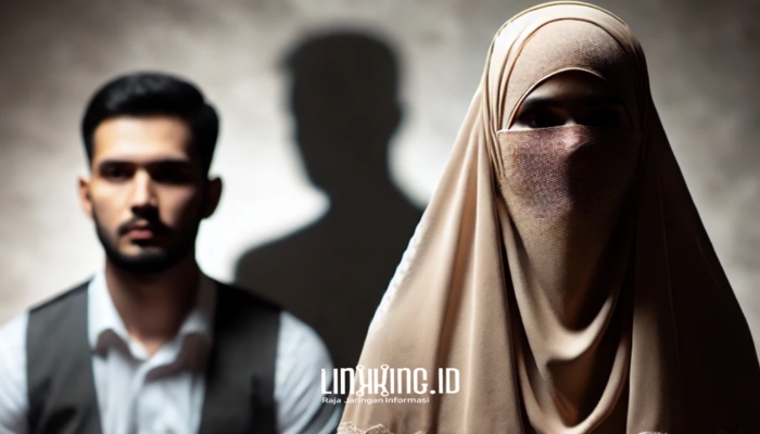 ILUSTRASI. Potret pernikahan siri Makkiyah dan Hasan saat masih memiliki suami sah, yaitu Achmad Zaini. Suasana tegang dengan bayangan suami sah di latar belakang. (doc.Redaksi Linkking)