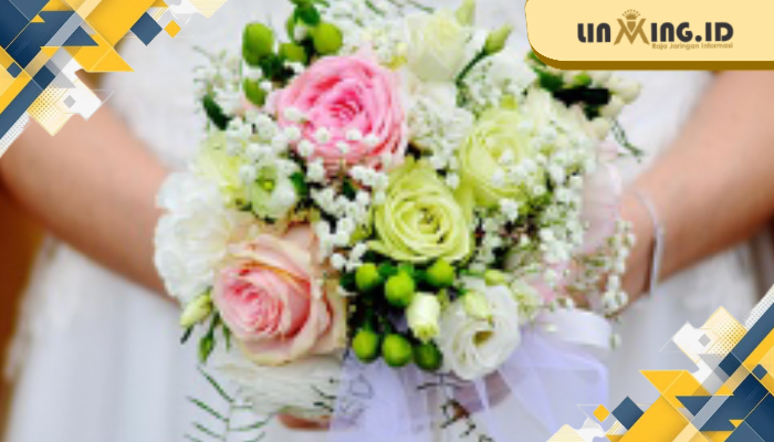 ILUSTRASI: Ilustrasi gaun pengantin wanita yang dilengkapi dengan buket bunga (Dok. Istimewa)