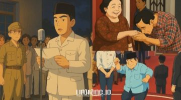 KOLASE. ChatGPT memproduksi gambar Presiden Sukarno saat membacakan teks proklamasi, Joko Widodo saat mencium tangan Megawati Sukarnoputri, dan Prabowo Subianto saat berjoget dalam debat calon presiden 2024. (Dok. Redaksi Linkking.id)