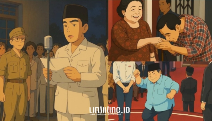 KOLASE. ChatGPT memproduksi gambar Presiden Sukarno saat membacakan teks proklamasi, Joko Widodo saat mencium tangan Megawati Sukarnoputri, dan Prabowo Subianto saat berjoget dalam debat calon presiden 2024. (Dok. Redaksi Linkking.id)