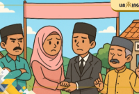 ILUSTRASI: Ilustrasi kartun pernikahan Hasan dan Makkiyah yang menuai kontroversi di Desa Rajun, dengan penghulu misterius. (Redaksi)