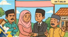 ILUSTRASI: Ilustrasi kartun pernikahan Hasan dan Makkiyah yang menuai kontroversi di Desa Rajun, dengan penghulu misterius. (Redaksi)