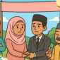 ILUSTRASI: Ilustrasi kartun pernikahan Hasan dan Makkiyah yang menuai kontroversi di Desa Rajun, dengan penghulu misterius. (Redaksi)