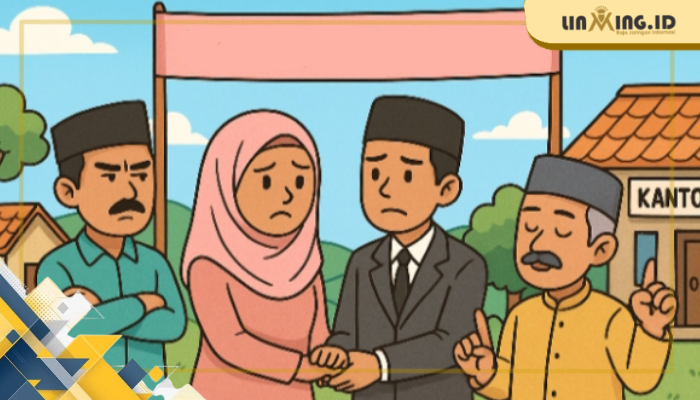 ILUSTRASI: Ilustrasi kartun pernikahan Hasan dan Makkiyah yang menuai kontroversi di Desa Rajun, dengan penghulu misterius. (Redaksi)